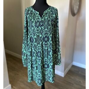 LOFT Women's Green Navy Floral Print Long Sleeve Pleated V-Neck Dress Medium